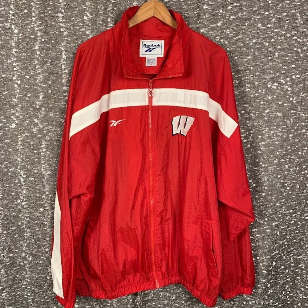 VTG 90s Reebok Wisconsin Badgers Full Zip Windbreaker Track Jacket Red Mens 2XL